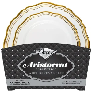 ARISTOCRAT PLASTIC COMBO PLATE WHITE / GOLD X 32 SET
