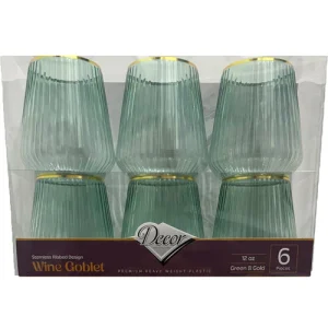 PLASTIC WINE GLASS GREEN/GOLD X 6  REUSABLE